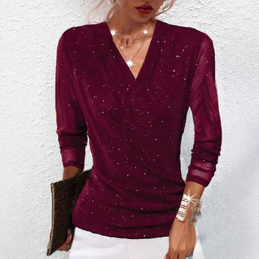 women's v-neck mesh top purple long sleeve semi-sheer fabric worn with satin skirt for party layering