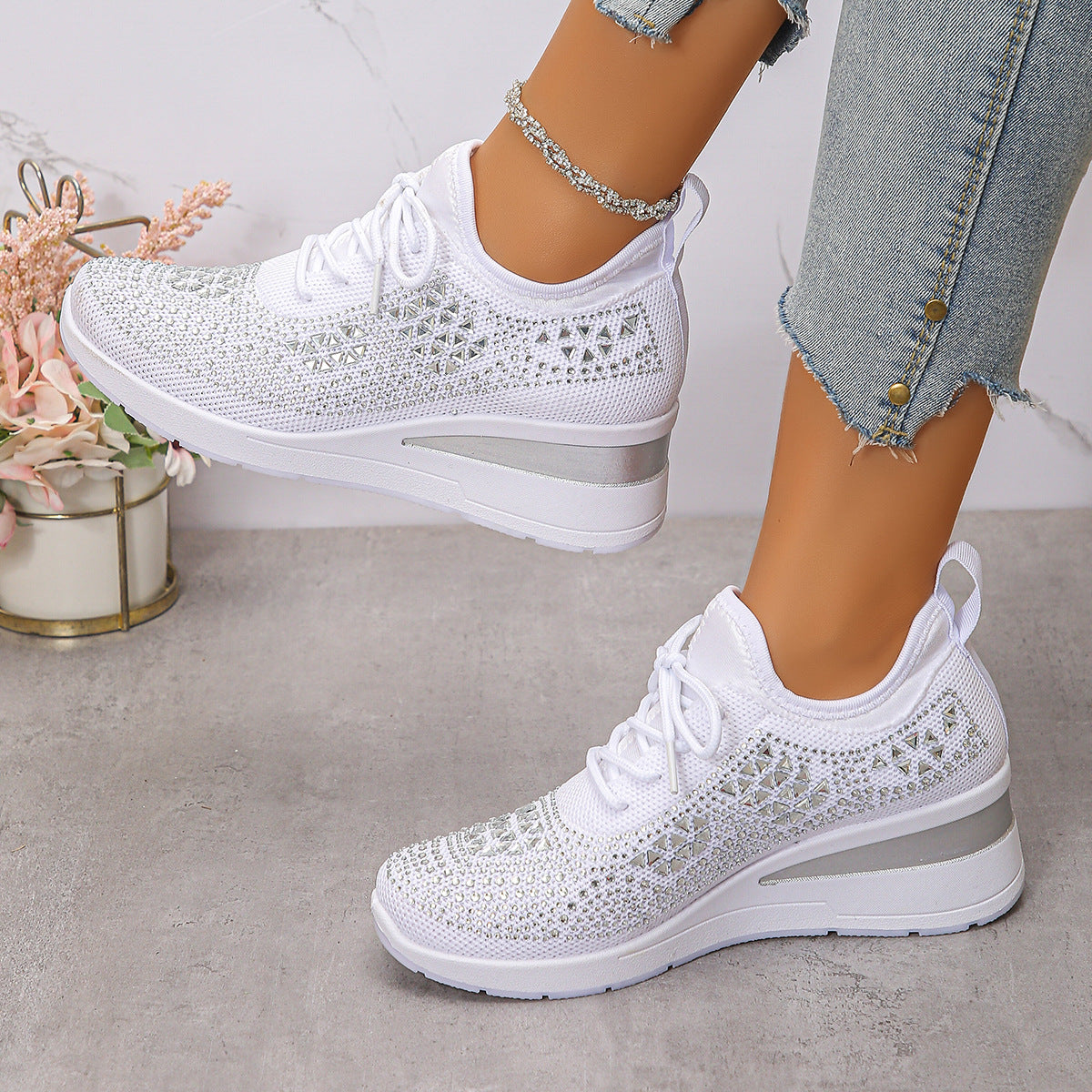 Ins Rhinestone Wedge Sneakers With Hidden Height Boost
