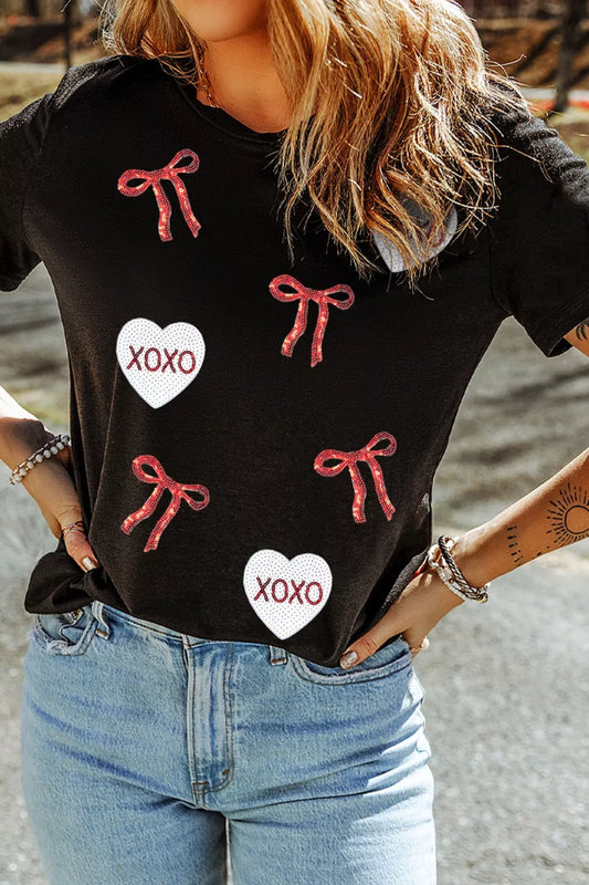 valentine's day women shirt sparkly sequin XOXO patches crew neck relaxed silhouette