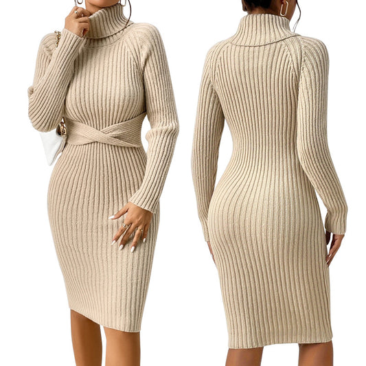 women's high neck sweater dress khaki close-up neckline and sleeve regular type detail