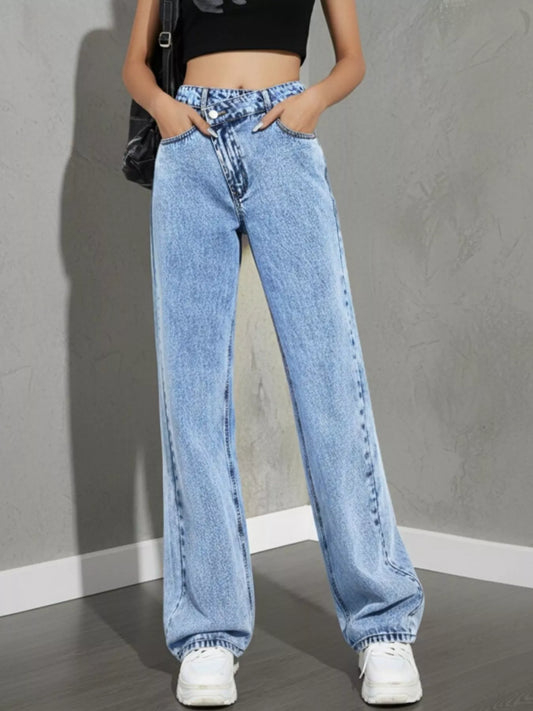 high rise wide leg jeans back view showing pocket placement light wash denim wide leg cut and clean straight drape