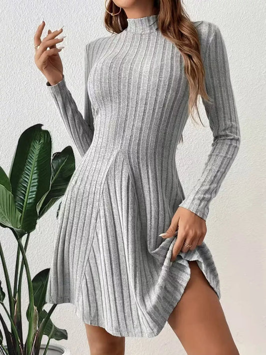fitted ribbed mini dress long sleeves mock neck sleek minimalist fashion look