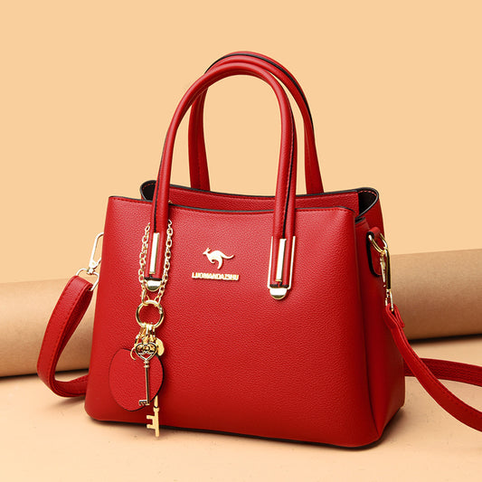 Red large capacity women's lychee texture handbag