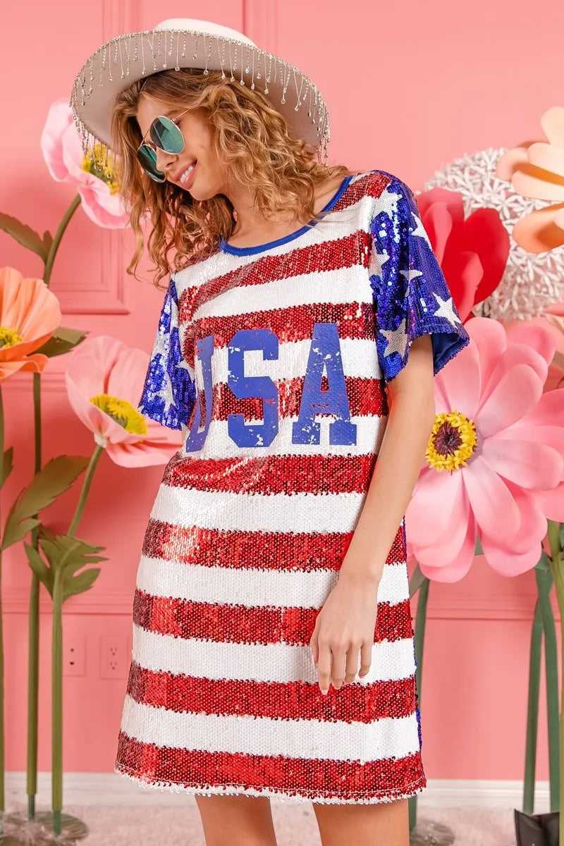 Back of USA flag print sequin dress full body image