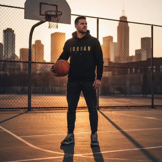 Back view Jordan style hoodie – hood up, daily wear ready