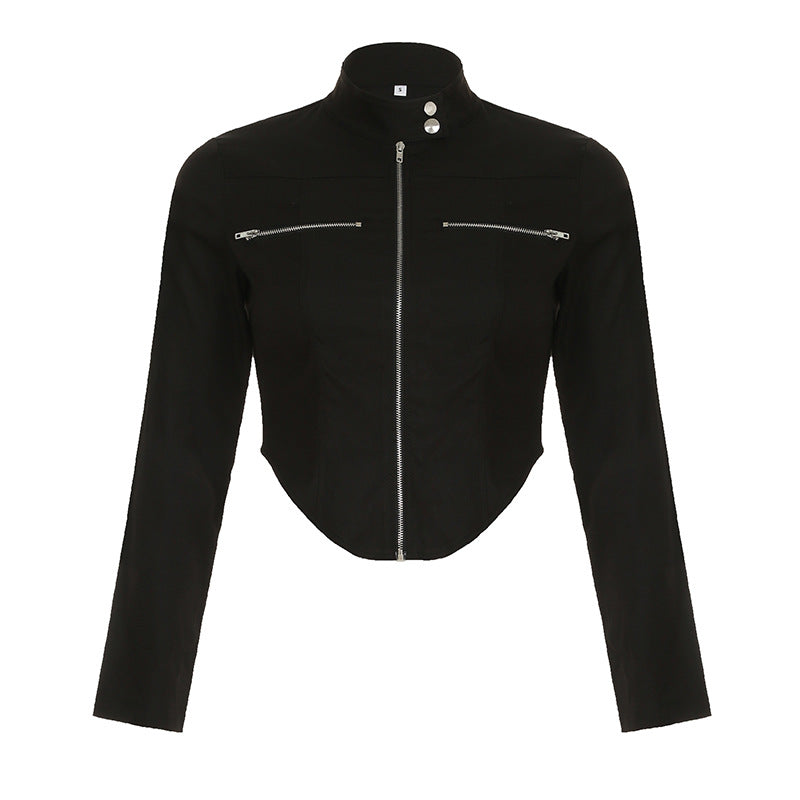 Back view of short-length slim-fit woven jacket