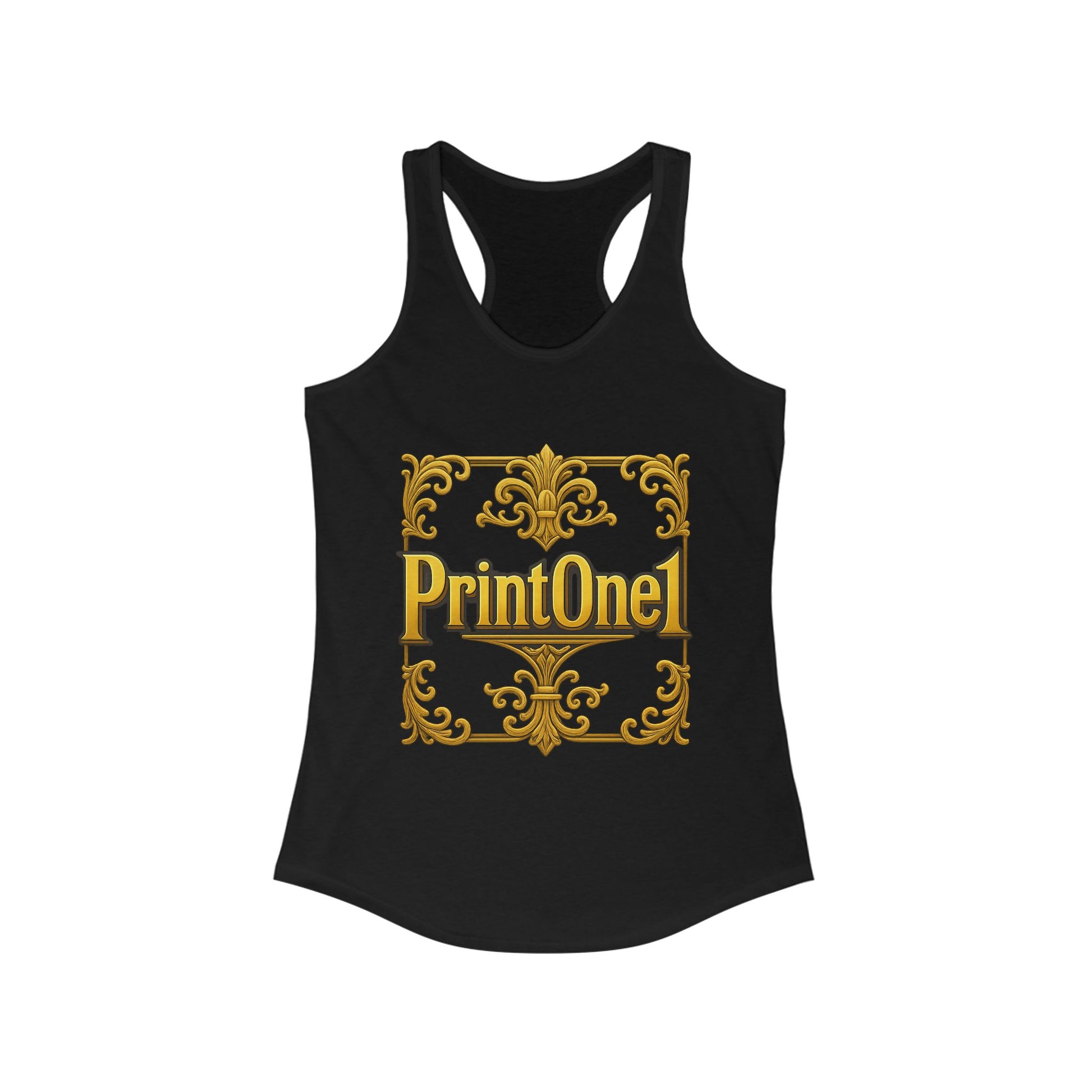 Close-up of the PrintOne1 women's tank top neckline and shoulder fit for comfort.