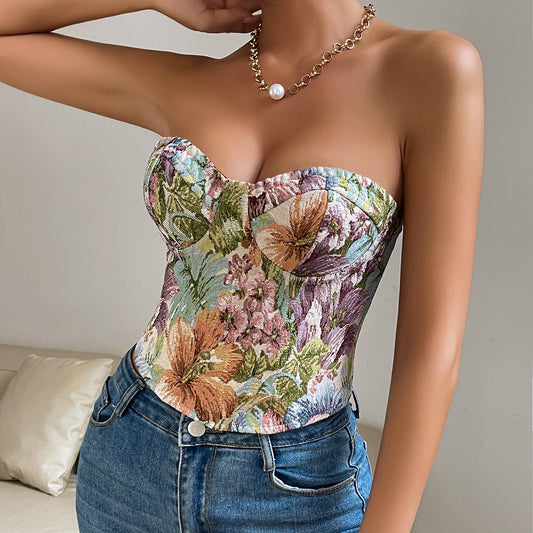 “Close-up on lace detail of Y2K Floral Print Tube Vest Top”
