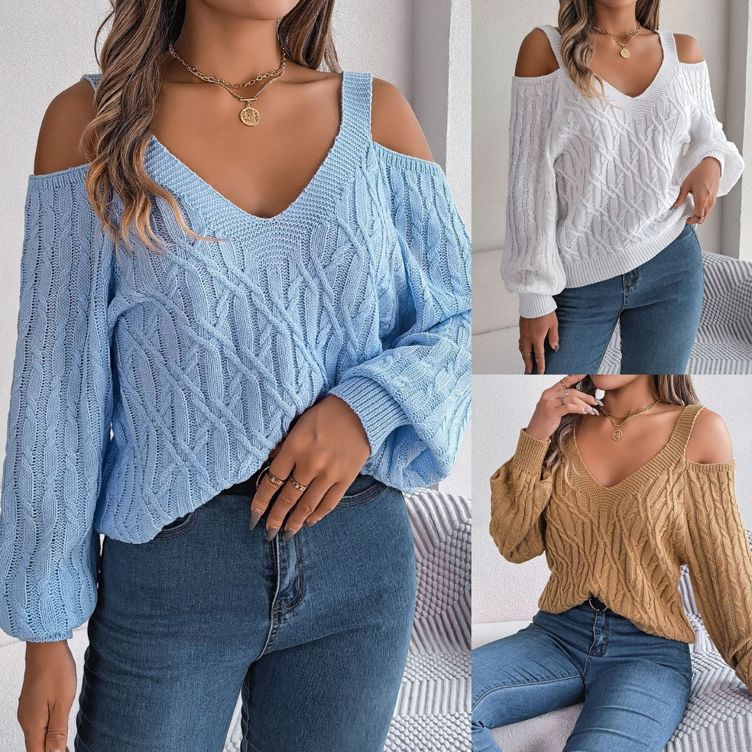 Effortless Off-Shoulder Lantern Sleeve Sweater in Crisp White – Perfect for Casual Fall Outings