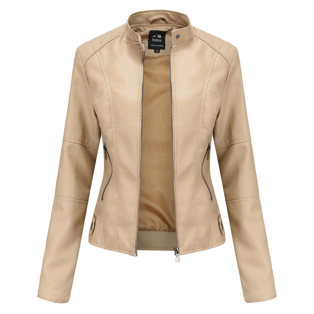 Elegant black PU leather jacket for women, shown unzipped