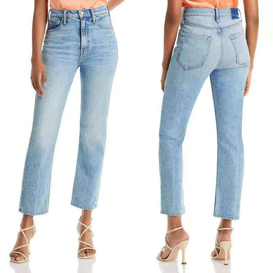 High-Waist Embroidered Cropped Denim Pants – Light Blue