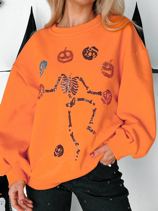 Festive Skeleton Pumpkin Sweatshirt for Women – Halloween Outfit Essential