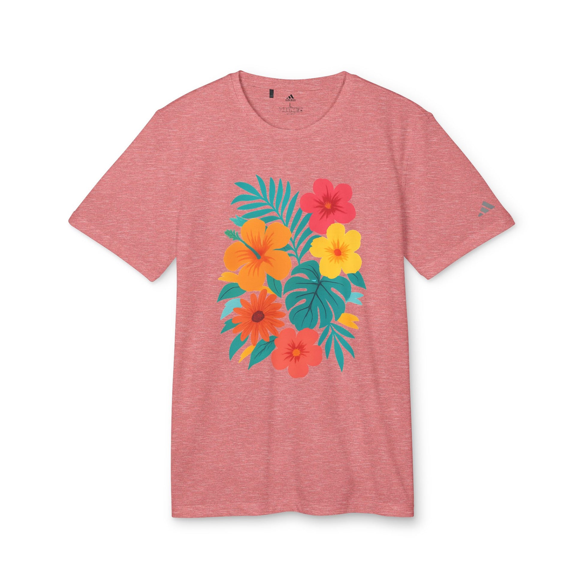Flat lay of the Tropical Floral Sport T-shirt showcasing its 100% recycled polyester weave.
