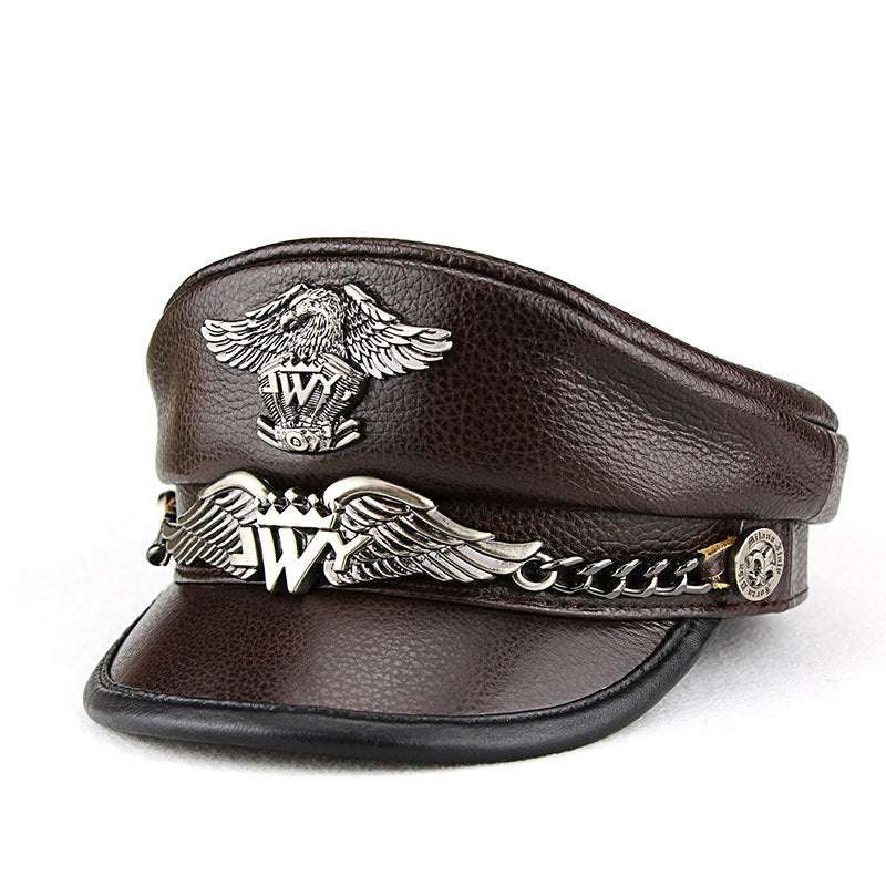 Black cowhide biker hat with eagle design, classic motorcycle accessory