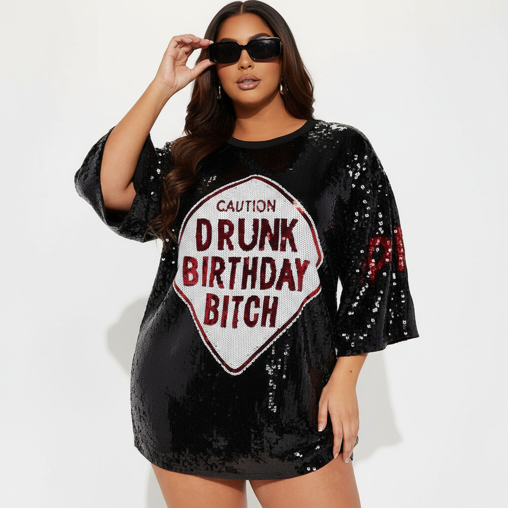 Glittery Red Bull Motif Sequins Dress – Women's Half-Sleeve Embroidery for Street Festivals