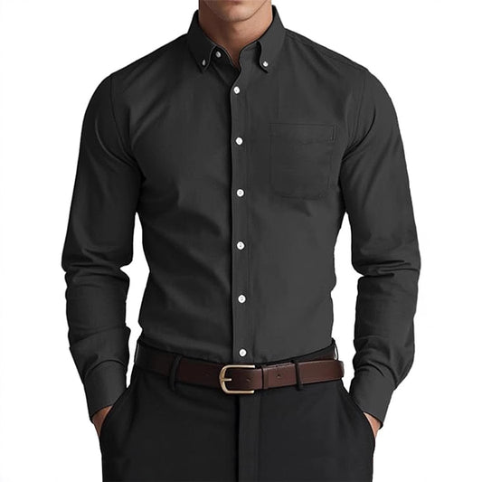 Men's Solid Color Casual Oxford Shirt in Black - Loose Cardigan Design for Modern Men