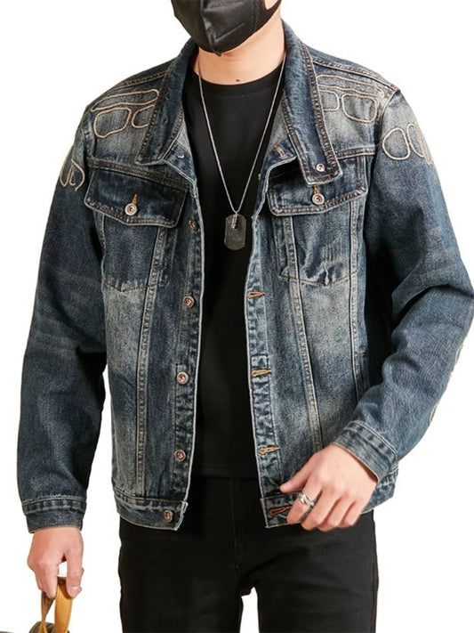 Men's plus size denim jacket side profile – long sleeve layering essential