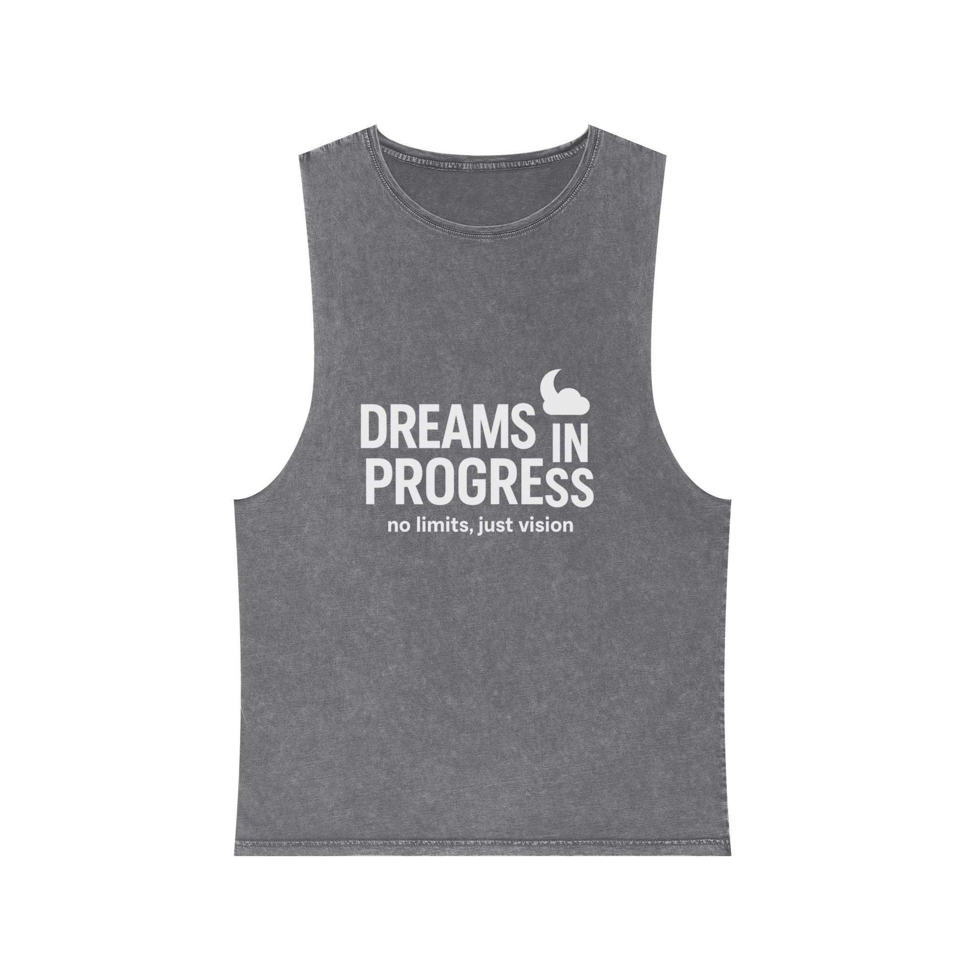 Detail of raw sleeve edge and shoulder tape on motivational tank top