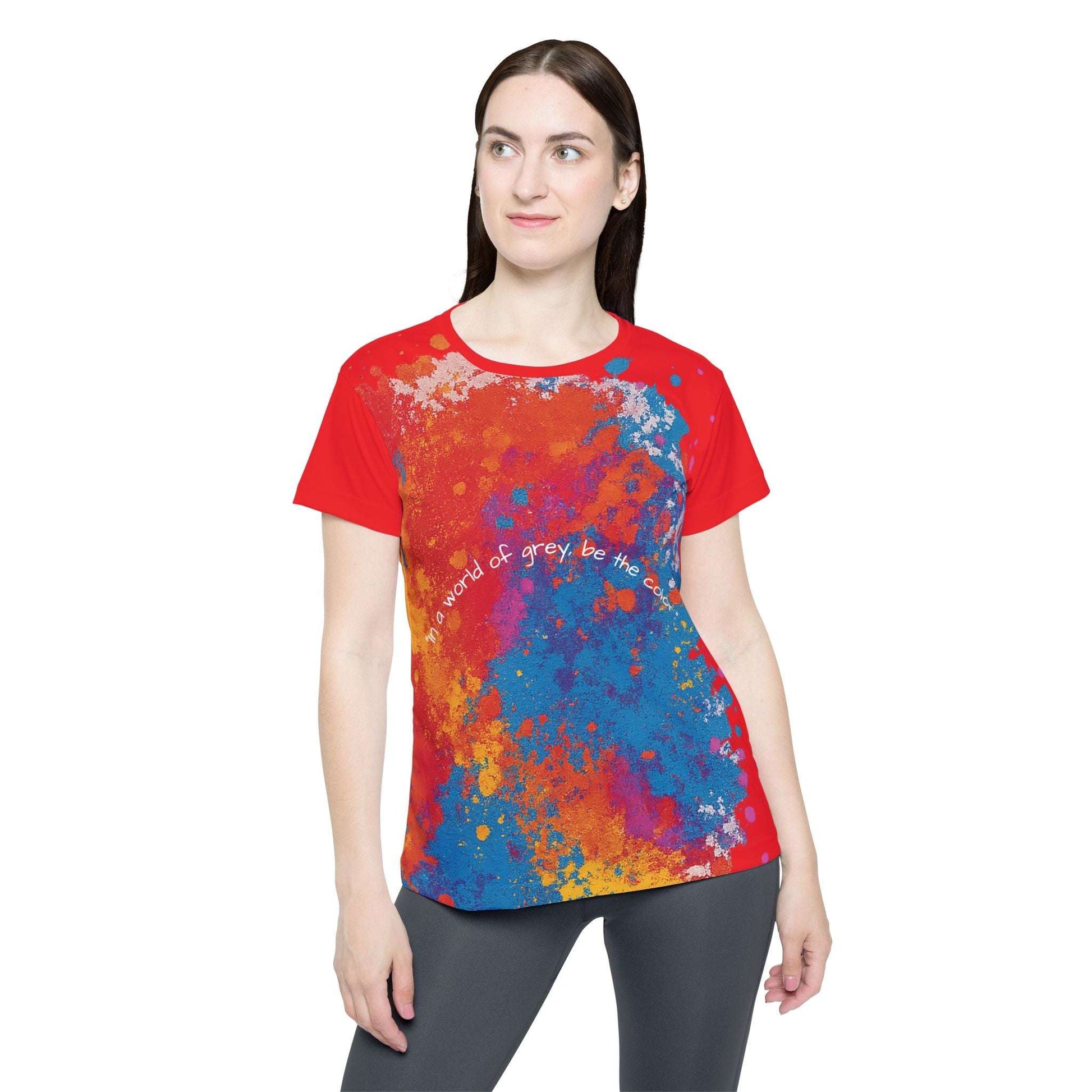 Colorful AOP sports tee with ribbed collar, perfect for athletic events