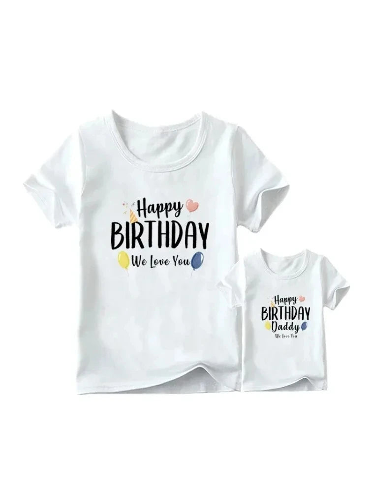 Mom & kid wearing Happy Birthday Daddy shirt – coordinated party style