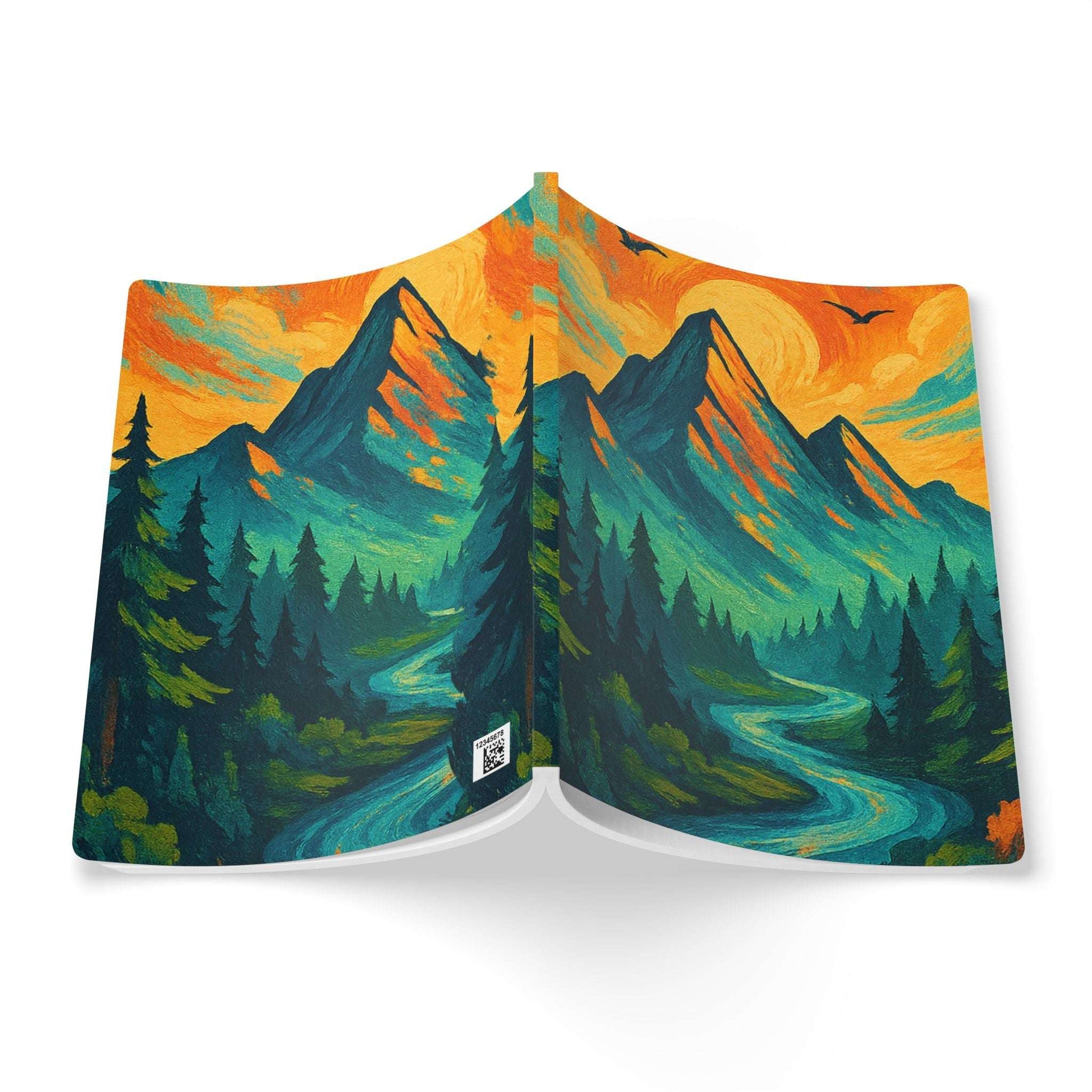 Travel-size colorful journal with vivid mountain artwork cover