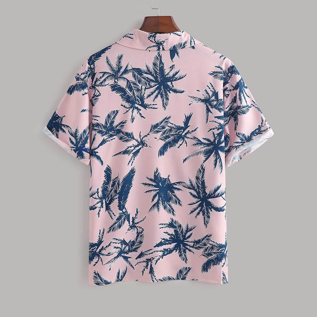 Tropical print 2-piece set for men, polyester-spandex blend