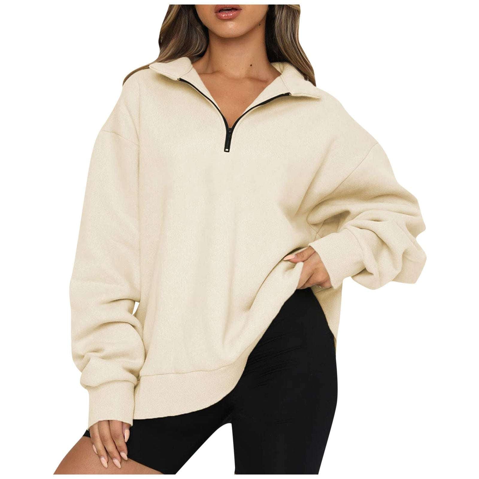 Dark brown women's zip collar sweatshirt with soft texture, suitable for layering in cool seasons