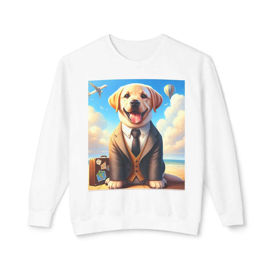 White sweatshirt with dog in suit graphic