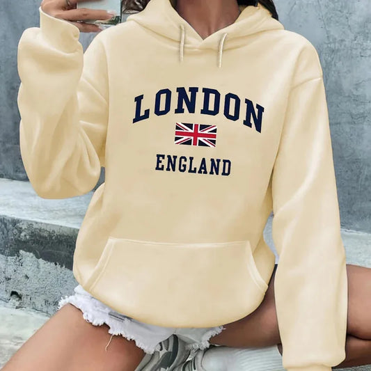 London England print warm hoodie interior soft lining for winter comfort