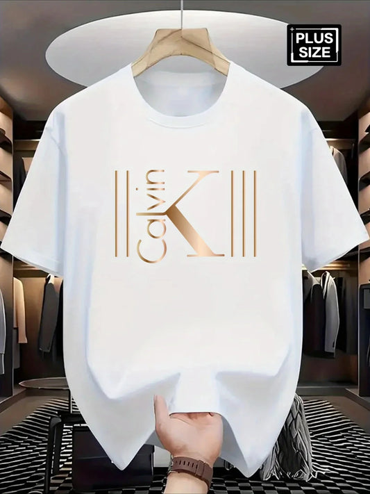 mens big and tall shirts clean white t-shirt with gold K logo print, soft cotton knit for everyday street style