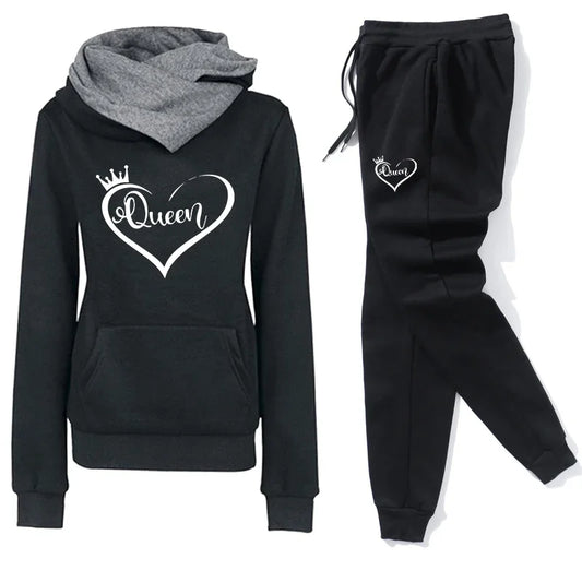 women's tracksuit set full outfit front view, printed hoodie plus matching joggers for casual streetwear look