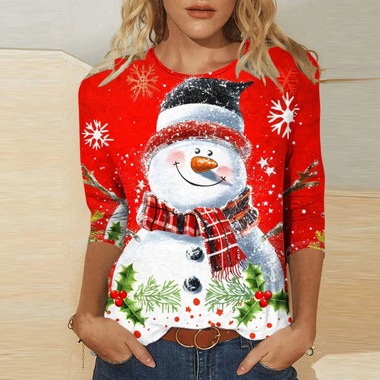 snowflake snowman christmas top womens casual long sleeve graphic tee styled with jeans for winter outings