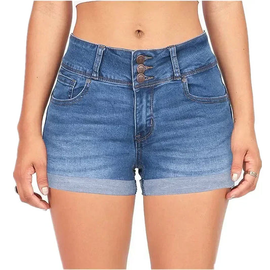 summer casual denim shorts women high waist side profile showing stretch movement versatile styling