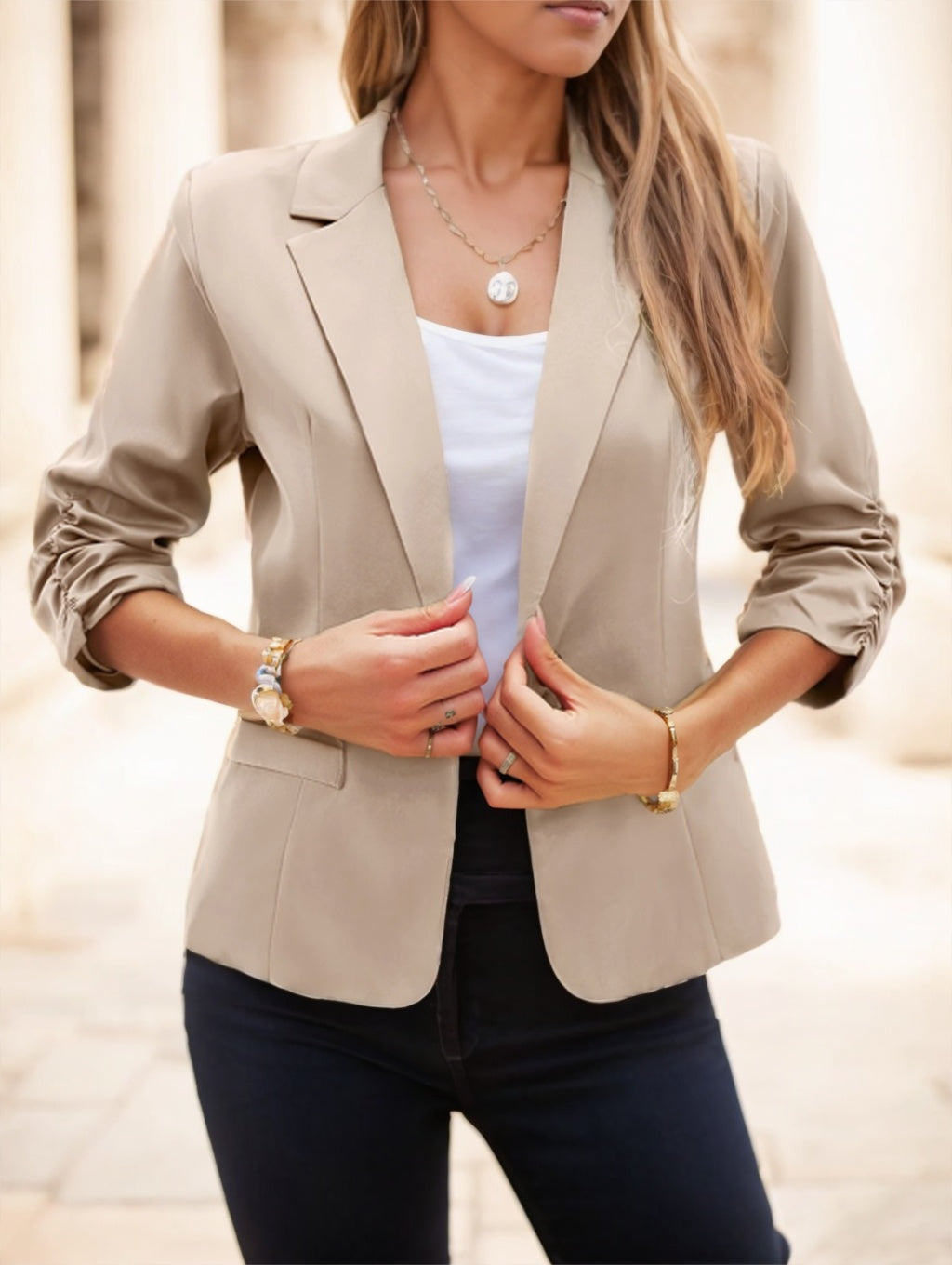 Side profile of relaxed-fit blazer for women