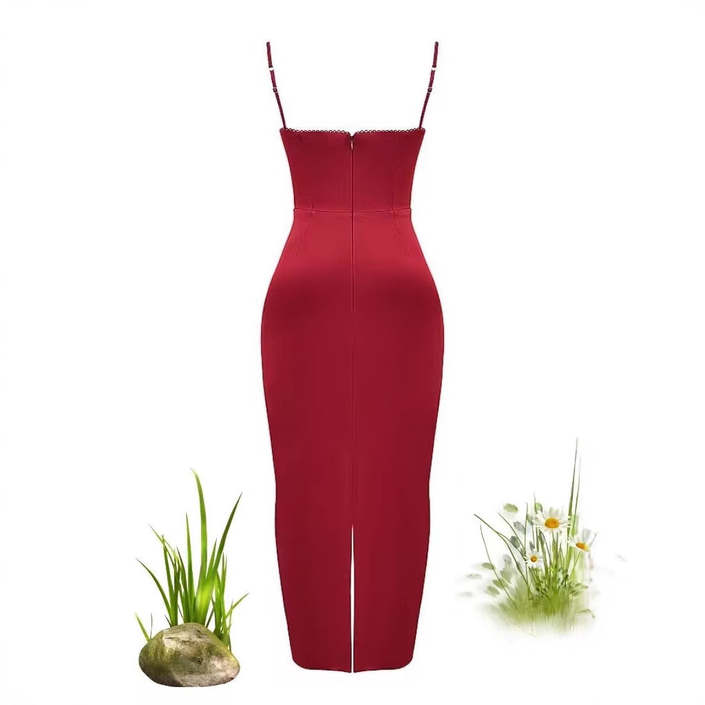 Sleeveless Wine Red Satin Dress with 140cm Skirt Length for Evening Occasions