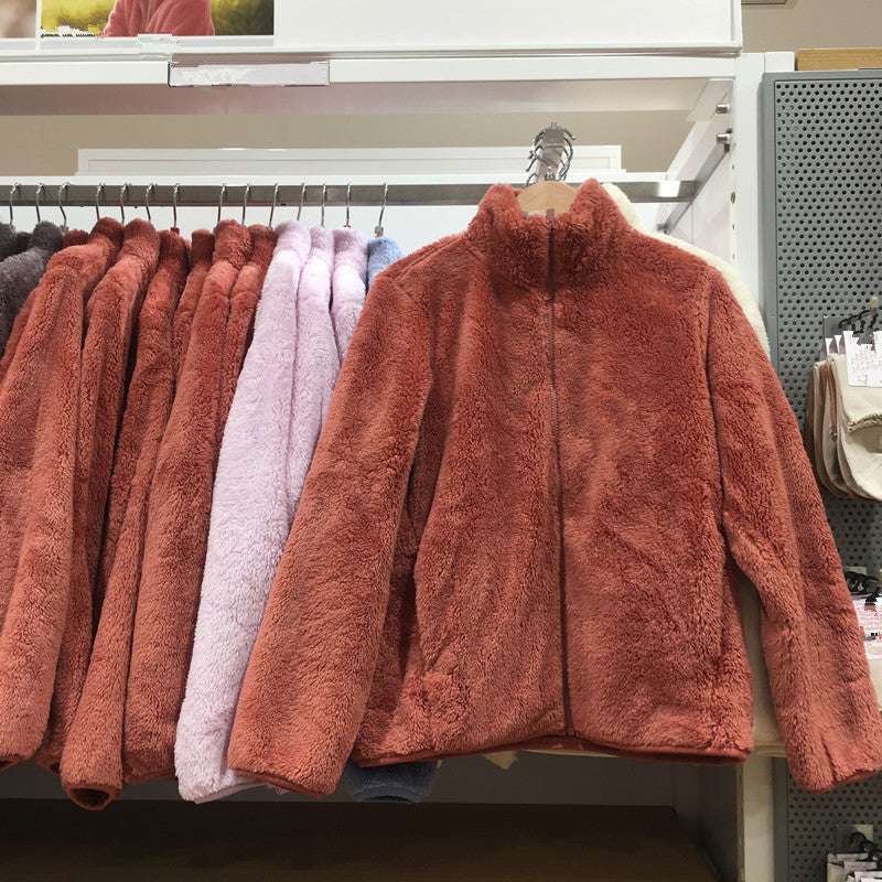 Navy blue women's warm fleece jacket with stand collar