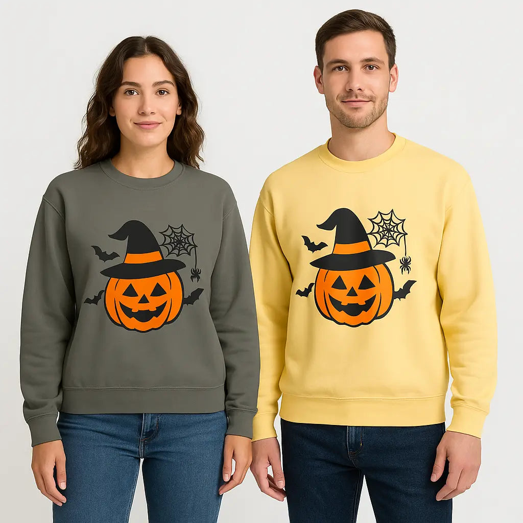 Soft garment-dyed Halloween sweatshirt with spooky pumpkin print