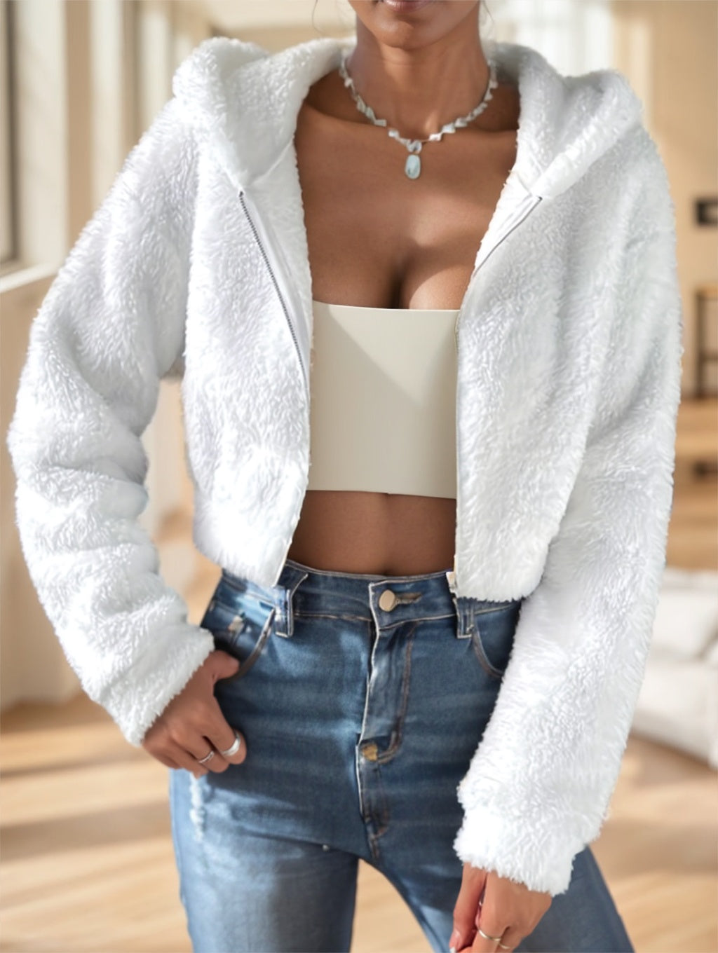 Solid Color Zip-Up Teddy Hoodie – Casual street outfit