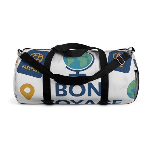 White travel duffel bag with Bon Voyage design