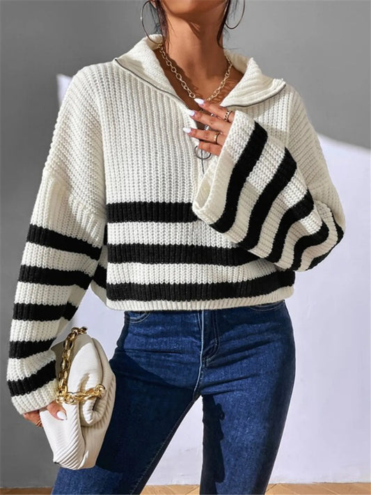 Striped half zip cropped sweater – zip collar styling detail