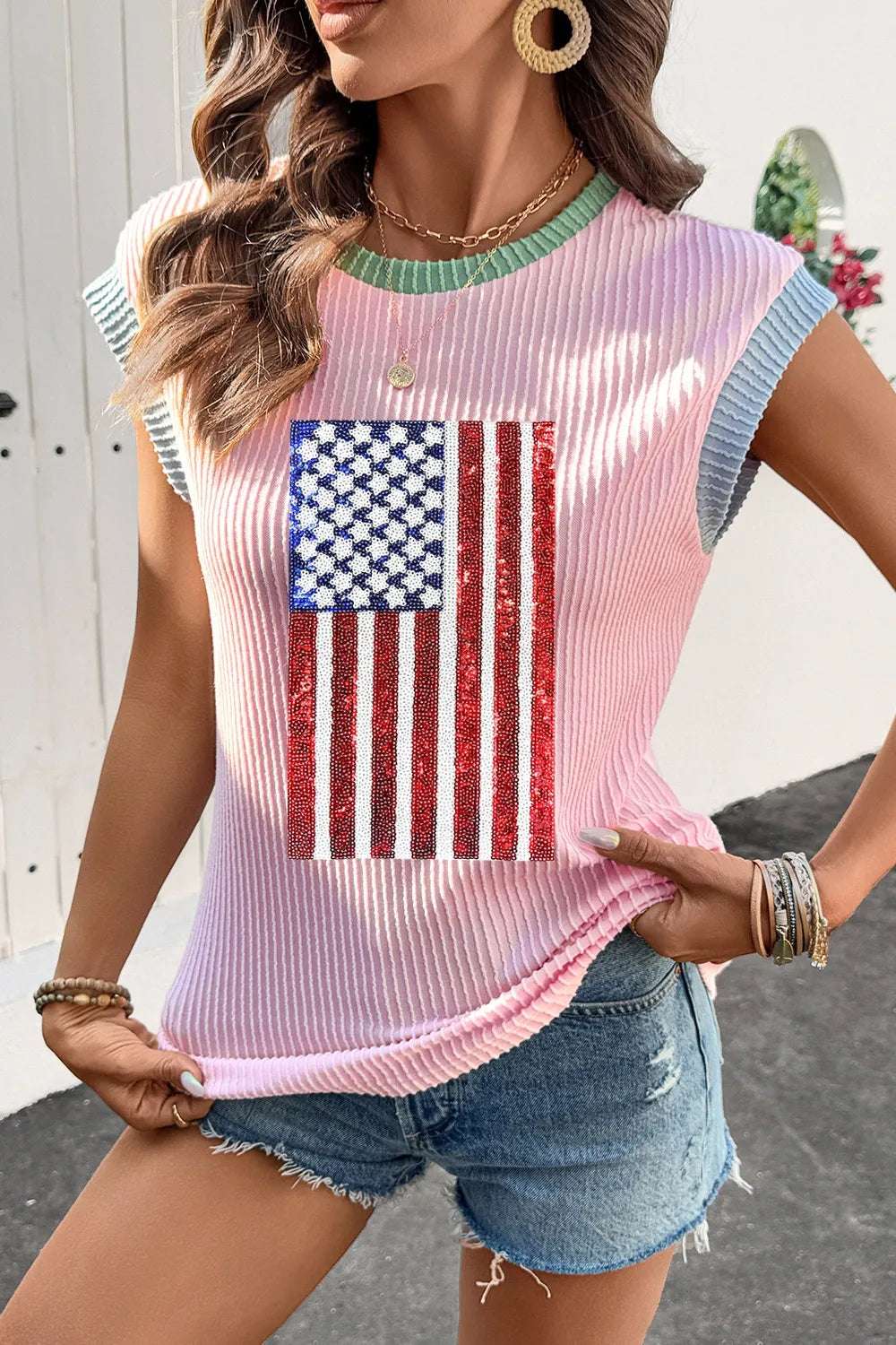 Ribbed texture T-shirt for women featuring sparkling sequin flag and soft stretchy fabric