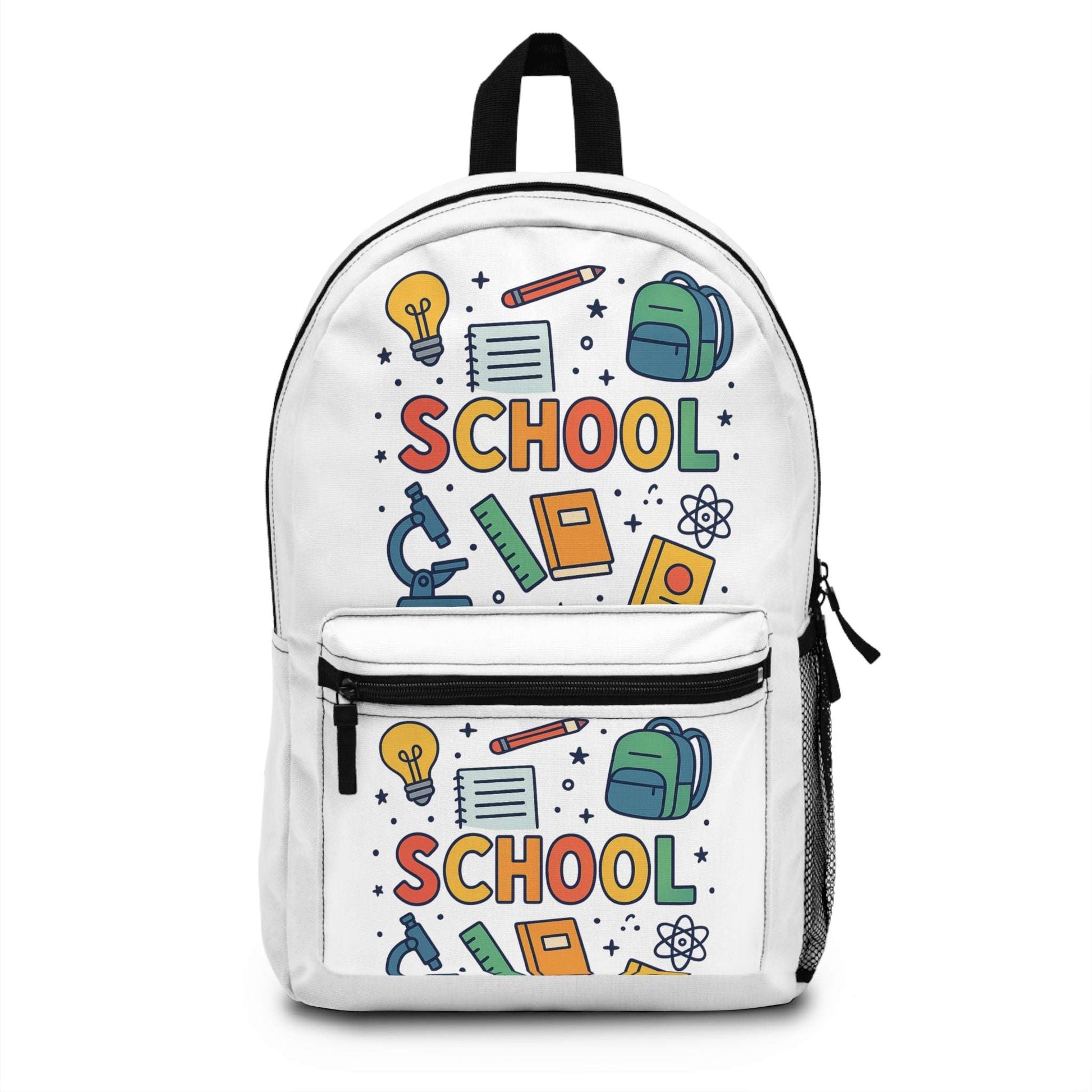 Durable polyester school backpack for boys and girls with vibrant school-themed graphics