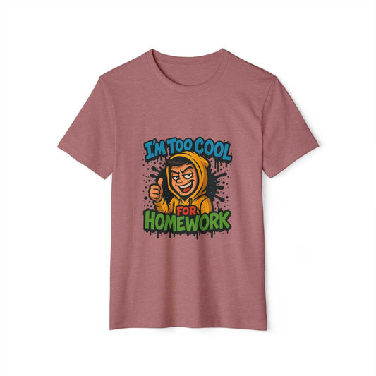 Mauve eco-friendly tee with cool homework graphic