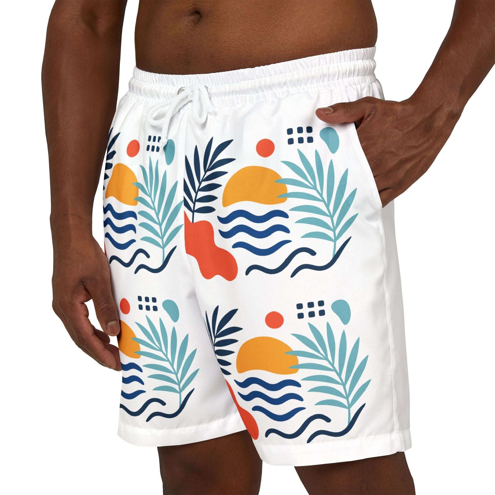Stylish beach shorts for men and women featuring vibrant sunset design