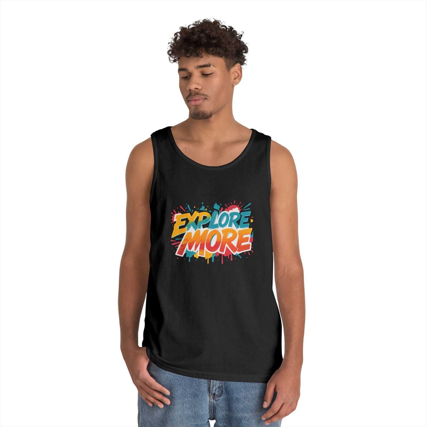 Unisex black tank top with colorful Explore More print