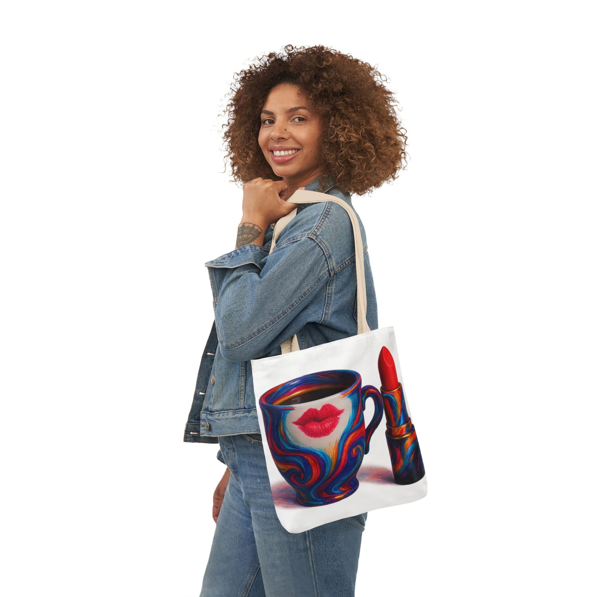 White Canvas Tote Bag with sleek black lining and vibrant mug-and-lipstick artwork.