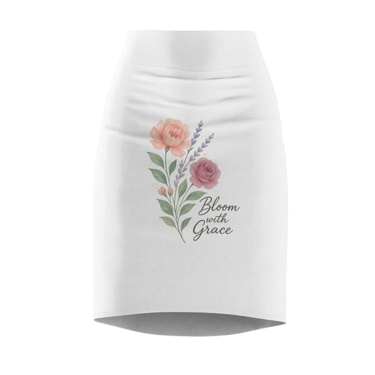 White pencil skirt with floral print and text design