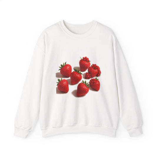 Woman wearing off-white crewneck with vibrant strawberry design – fall fashion