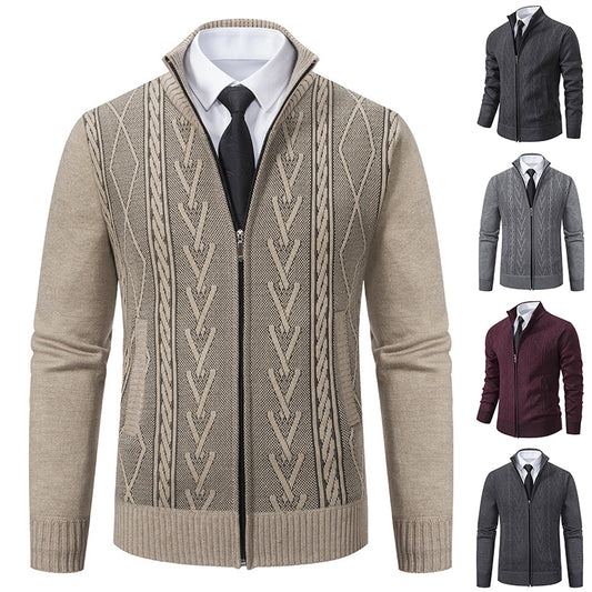 Men's stand collar cardigan back view in beige polyester knit, loose fit drape for comfort and minimal, polished styling