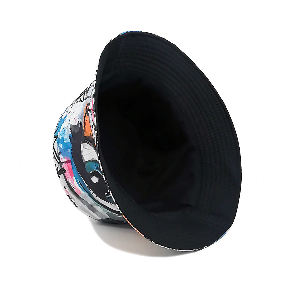 white bucket hats statement eye print detail, dome crown bucket hat for four-season wear and outdoor sun protection